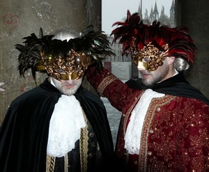 maschere, piume, due, carnevale, mantello, venezia, nero, bianco, rosso, uomini, barba, oro, mantelli, giacche, persone, pizzo, parrucche