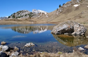 lago, riflesso, acqua, montagna, montagne, rocce, panorama, neve
