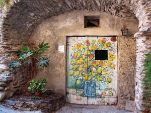 porta, arco, dipinto, pianta, fiori, murales, lampione, disegno, pietra, vasi, piante