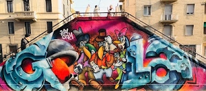 colori, murales, case, finestre, ringhiera, murale, graffiti, balconi, persone, tapparelle, palazzi, scala, rosso, scale, ponte, graffito