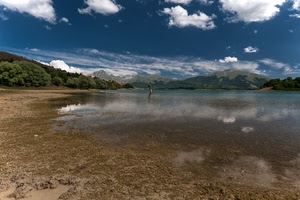 nuvole, lago, acqua, montagne, alberi, cielo, panorama, riflessi, riflesso, sabbia