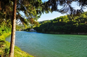 verde, acqua, alberi, fiume, cielo, tronco, casa, rive, rami, pini, piante, erba, albero, foglie, onde, sponde, bosco, lago, paesaggio