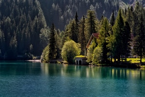 lago, alberi, acqua, montagna, verde, casa, riflessi, riflesso