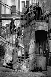 bianconero, persone, scala, scale, scalini, gradini, ringhiera, salire, scendere, arco, ringhiere, scalinata, uomini, donne, rampe, vaso