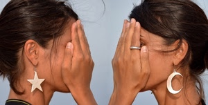 mani, stella, luna, capelli, orecchini, anello, profilo, ragazze, due