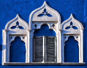 tre, bianco, blu, finestre, azzurro, finestra, trifora