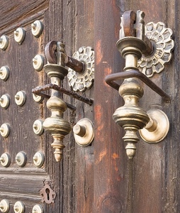 legno, portone, batacchio, ottone, due, porta, borchie, battiporta, batacchi, metallo, maniglie, serratura, ferro