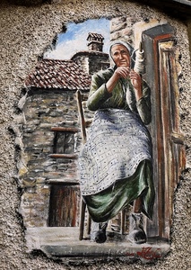 donna, murales, casa, tetto, comignolo, muro, anziana, sedia, grembiule, disegno, finestra, vecchia, fila, dipinto, porta, murale, mani