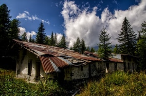 cielo, nuvole, tetto, alberi, azzurro, piante, verde, lamiere, lamiera, casa, erba, ruggine, baracca, cascina, bianco, ruderi