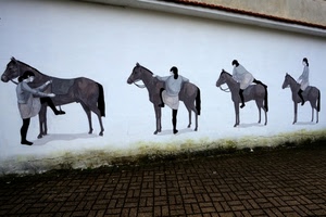 cavalli, quattro, bianco, murales, muro, cavaliere, donne, strada, sequenza, donna, cavalieri, cavallo, zampe