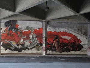 rosso, murales, strada, colonna, pilastro, murale, disegno, quadrati, nero, sottopasso, muro