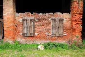 finestre, mattoni, muro, rudere, due, erba, secchio, verde, pilastri