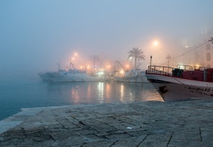 nebbia, porto, luci, mare, navi, barche, acqua