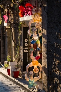 vasi, negozio, insegna, colori, giocolieri, vetrina, piante, strada, pupazzi, fiori