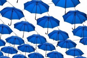 ombrelli, blu, manici, appesi, fili, azzurro, parapioggia, bianco, cielo, aperti