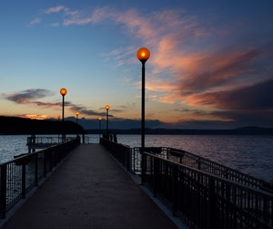 lampioni, tramonto, mare, pontile, ringhiera, lago, acqua, nuvole, molo