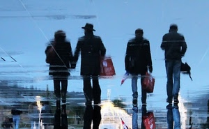 persone, quattro, riflesso, acqua, riflessi, passanti, coppia, azzurro, pioggia