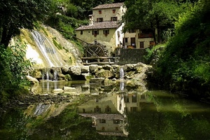 acqua, mulino, cascata, verde, riflesso, ruota, montagna, laghetto