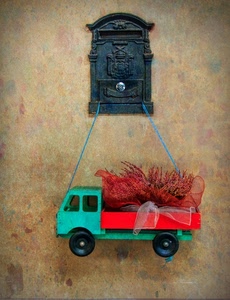 cassetta, camion, posta, rosso, fiori, verde, giocattolo, camioncino