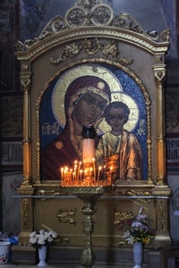 candele, madonna, fiori, icona, bambino, devozione, oro, chiesa, vasi, altare