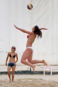 palla, sabbia, donne, due, spiaggia, sport, bikini, ragazze, salto, atlete