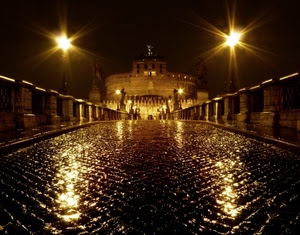 castello, ponte, luci, lampioni, notte, roma, statue, notturno, parapetti, riflesso, pioggia, bagnato, riflessi, selciato