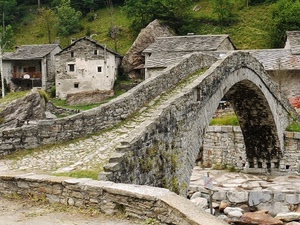 ponte, case, pietre, verde, pietra, arco, fiume, torrente