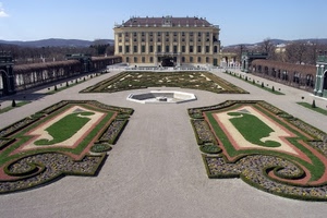 aiuole, fontana, palazzo, verde, giardino, cielo, giardini, finestre, villa, azzurro, castello