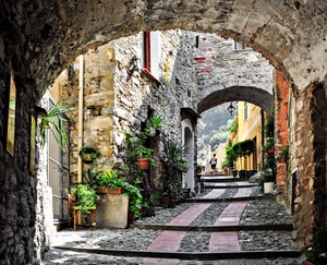 vasi, piante, archi, vicolo, strada, arco, fiori, porte, verde, cancello, finestre, pietre, scalini, sassi