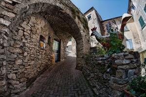 arco, gallo, finestre, pietre, vicolo, porta, cielo, strada, scorcio, case, azzurro, maschere, pietra, piante, verde, scultura, borgo, salita
