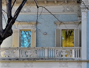 balcone, balaustra, finestre, albero, rami, riflesso, porte, riflessi, vetro, persiane, azzurro, finestra, vetri, due